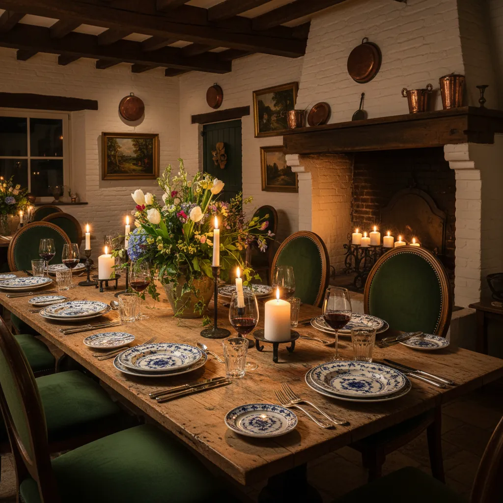 Gedekte tafel bij kaarslicht in Restaurant de Landerij